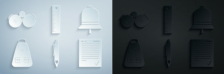 Set Pen, Ringing bell, School backpack, Exam sheet with check mark, Ruler and alarm icon. Vector