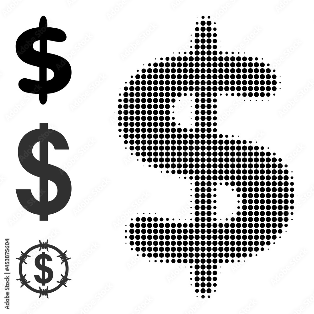 Poster halftone dollar currency. dotted dollar currency made with small circle items. vector illustration o