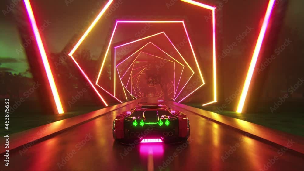Poster the car rushes at high speed through an endless neon technology tunnel. futuristic concept. 3d anima