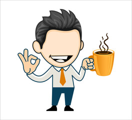 Young business man holding coffee and showing ok gesture. Vector illustration in cartoon style