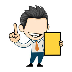 Happy businessman showing a tablet. Business concept in character cartoon vector style