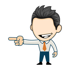 Smiling business man pointing in a direction. Flat illustration in cartoon style