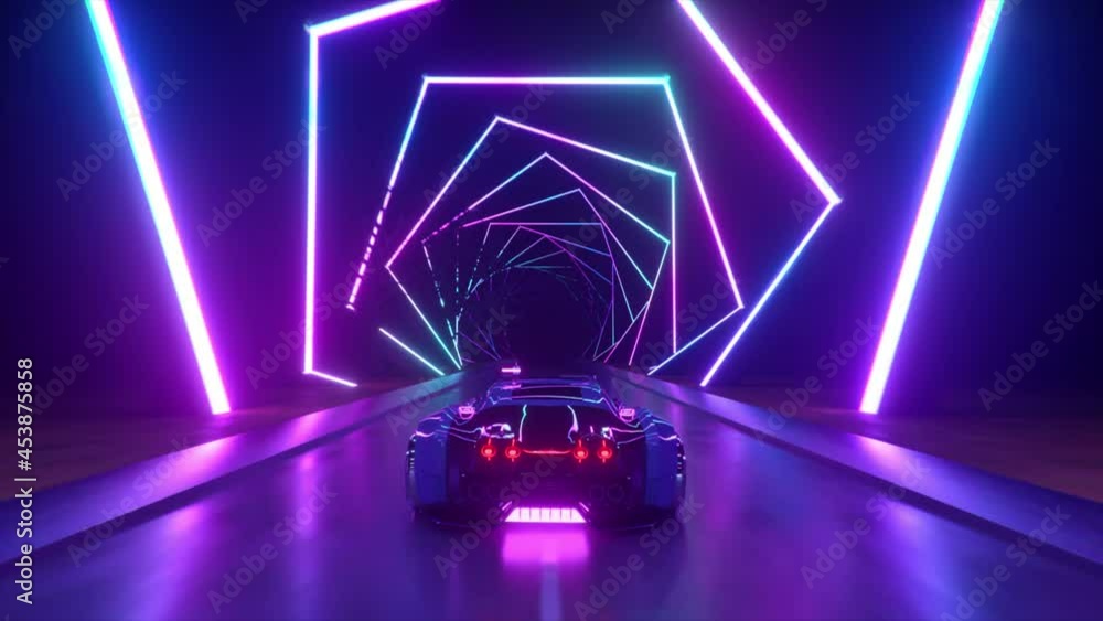 Poster the car rushes at high speed through an endless neon technology tunnel. futuristic concept. 3d anima