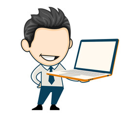 Happy young business man showing a new generation laptop computer. Technology concept in cartoon style.