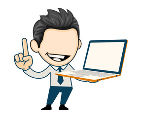 Smiling business man holding laptop computer and showing pointing finger up. Technology concept in cartoon style.