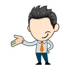 Professional business man waving hand for presentation. The concept of successful young entrepreneur in character cartoon style