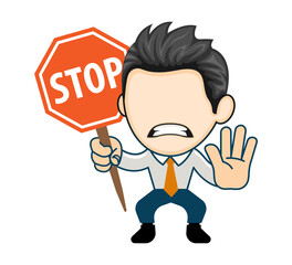 Angry business man showing stop sign. Flat illustration in cartoon style