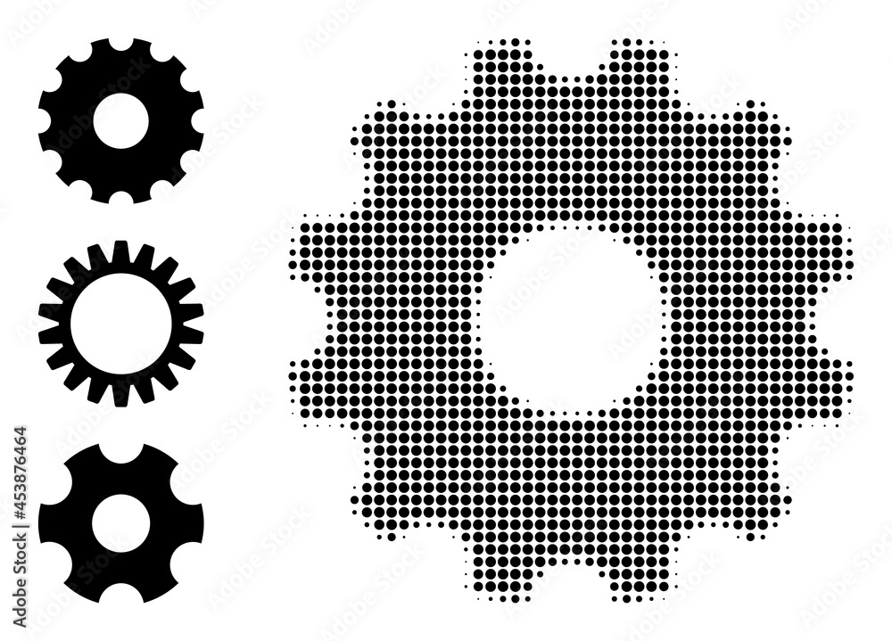 Poster halftone gearwheel. dotted gearwheel made with small round dots. vector illustration of gearwheel ic