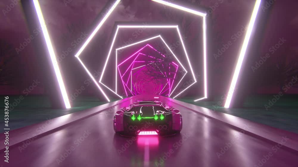 Poster the car rushes at high speed through an endless neon technology tunnel. futuristic concept. 3d anima