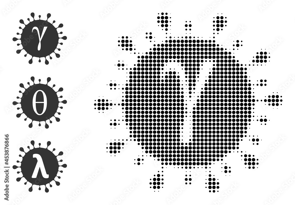 Poster halftone gamma covid virus. dotted gamma covid virus made with small circle elements. vector illustr