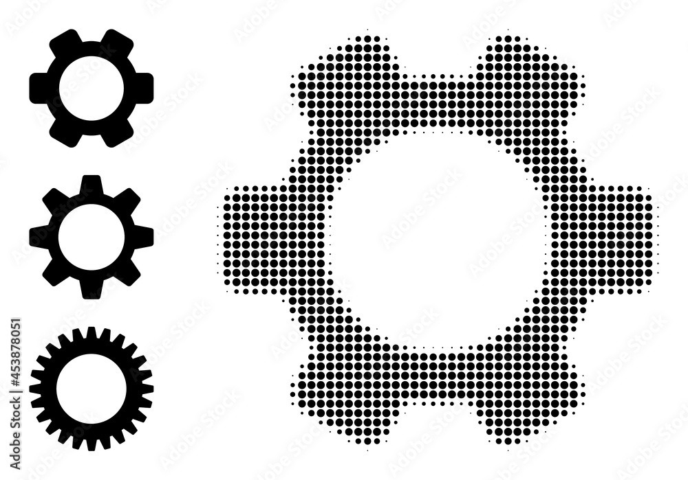 Poster halftone gearwheel. dotted gearwheel designed with small circle dots. vector illustration of gearwhe