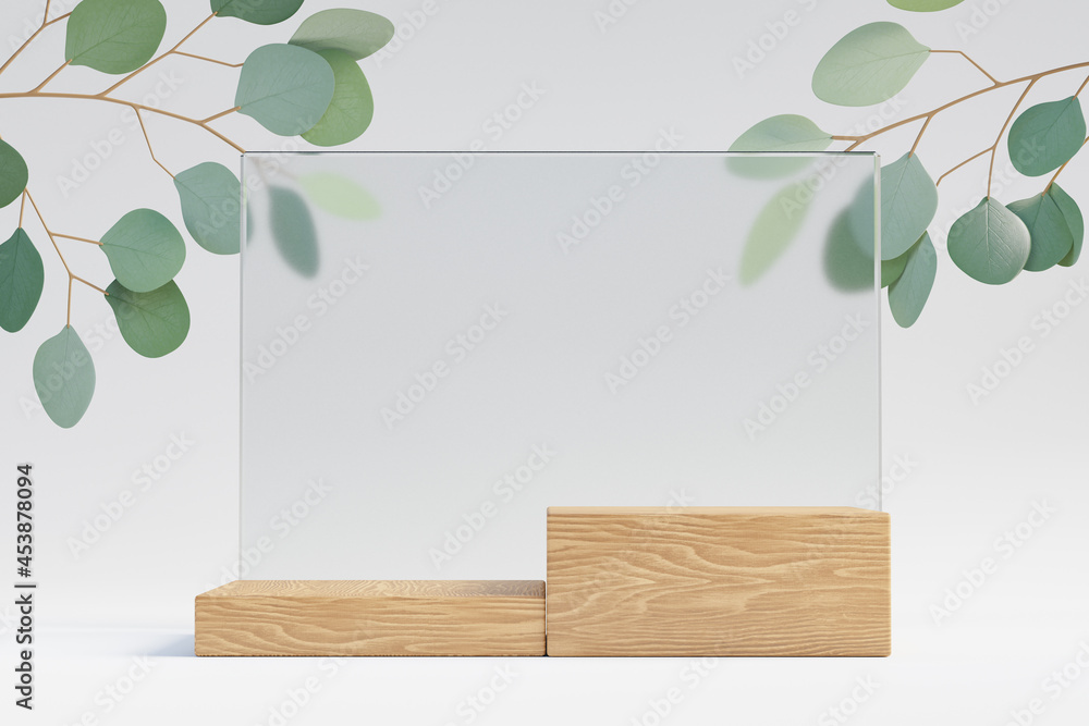 Wall mural Cosmetic display product stand, Wood block podium with glass wall and green leaf plant on light background. 3D rendering illustration