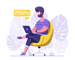 Handsome man is chatting with a laptop. A man is sitting on a yellow armchair and working at his laptop. Working process flat design. Vector Illustration