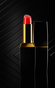 Red lipstick in golden tube and closed case on the dark background with stripes. Closeup high quality photo