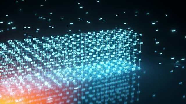 Technological cubes from computer code are connected in space. Data transmission technology concept
