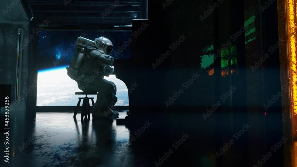 Poster astranaut in a spacesuit plays the piano in a spaceship overlooking the planet earth. space and musi