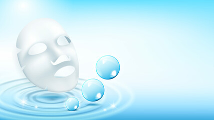 Facial Mask Skincare Accessory Copy Space Vector. Facial Mask Beauty Cosmetology On Wet Wavy Surface And Water Bubbles. Moisturizer Cleaning Cosmetic Template Realistic 3d Illustration