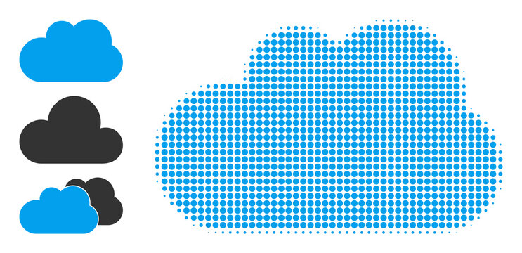 Halftone cloud. Dotted cloud constructed with small round elements. Vector illustration of cloud icon on a white background. Halftone pattern contains round elements.