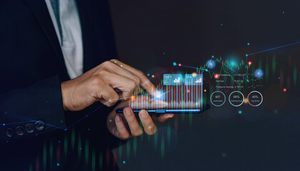 Hand of businessman interaction with artificial intelligence to invest bitcoin price digital chart exchange on tablet. Concept of cryptocurrency future money and nft of blockchain technology.