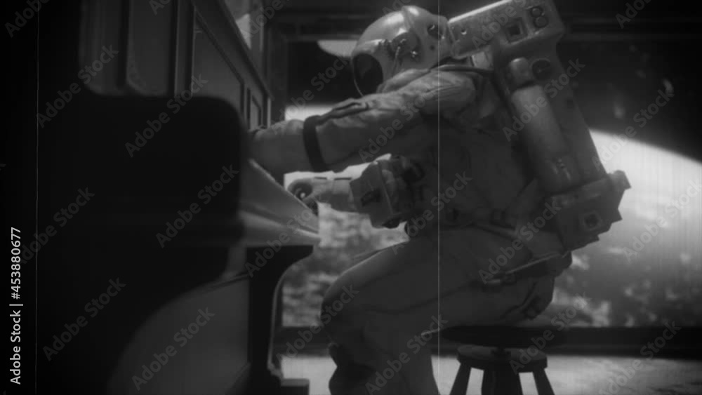 Poster astranaut in a spacesuit plays the piano in a spaceship overlooking the planet earth. space and musi