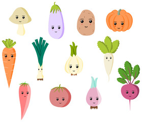 Attractive and colorful cute emoji set of wallpaper with vegetables. There are carrot, tomatoes, leeks, pumpkin, radish, mushroom, onion, beetroot etc.