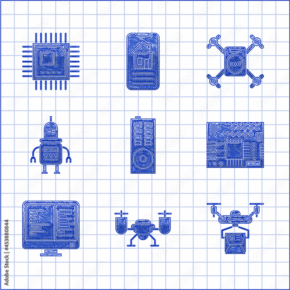 Poster set remote control, drone flying with action camera, delivery concept, printed circuit board pcb, co