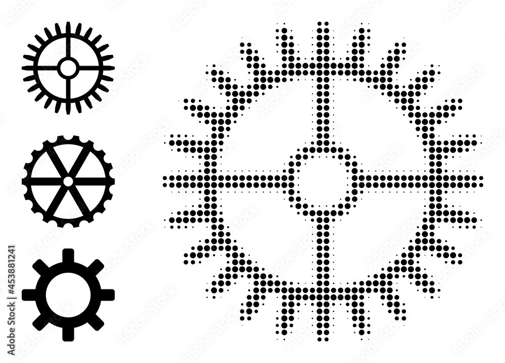 Poster halftone clock gearwheel. dotted clock gearwheel made with small circle dots. vector illustration of