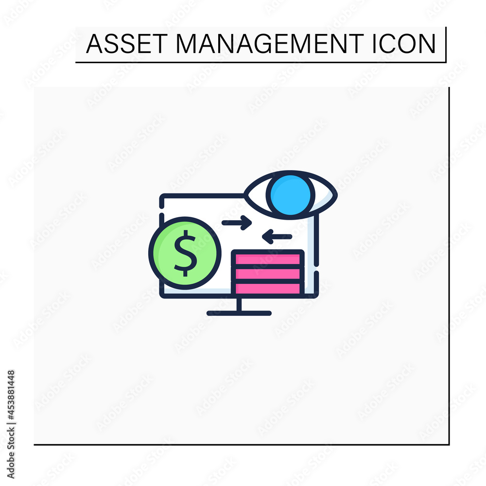 Poster assets monitoring color icon.monitoring accounts. logs information about tangible assets on laptop.b