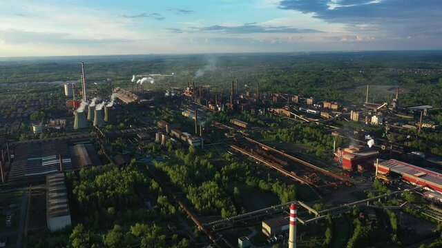 Factory processing hot metal steel drone aerial video shot smoke chimneys black, smog city Ostrava, dust air dron refinery calamity situation quick streaming emissions health smoking pollution ecology