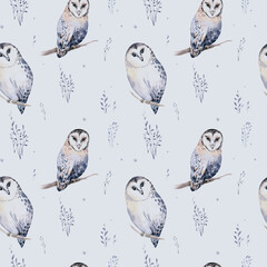 Watercolor winter pattern deer with fawn, owl rabbits, bear birds on white background. Wild forest fox and squirrel animals set. Hand painted winter illustration