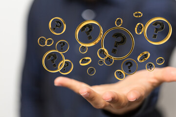 Businessman solving problem with digital question marks 3D rendering