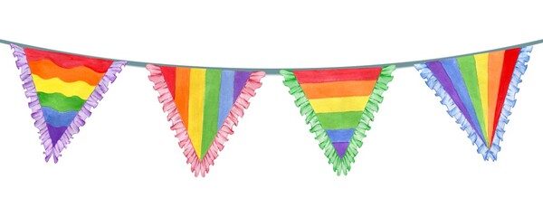 Rainbow flags are arranged on a rope in a semicircle on a white background