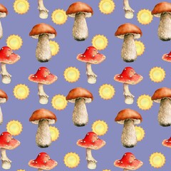 Autumn mushrooms on a blue background, watercolor illustration