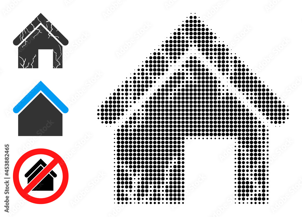 Poster halftone old decayed house. dotted old decayed house made with small circle dots. vector illustratio