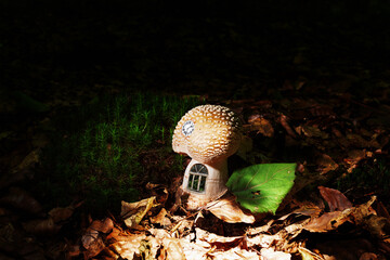 Mushroom house in bright rays among the dark forest
