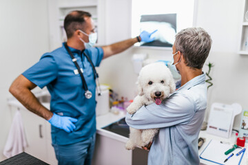 A young woman brought her sick dog to the vet for a check-up. She and the vet wear protective face masks because of the Coronavirus pandemic.