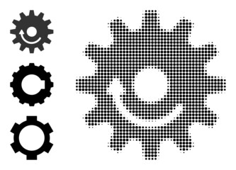 Halftone gear wheel rotation. Dotted gear wheel rotation generated with small round pixels. Vector illustration of gear wheel rotation icon on a white background.