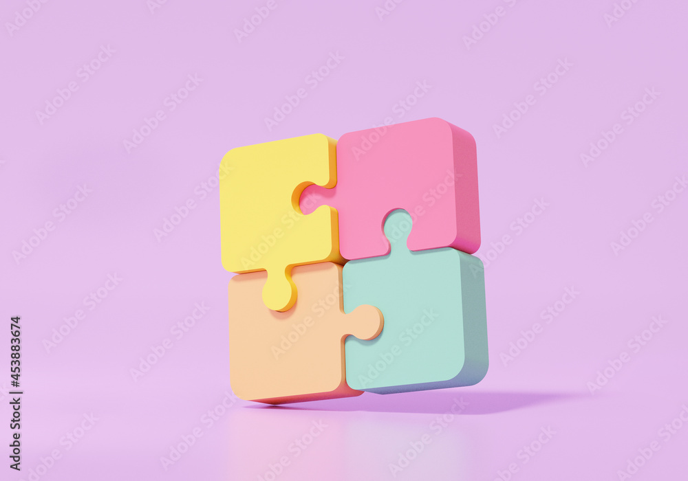 Poster 3d render brainstorming teamwork concept. jigsaw puzzle pieces icon collaboration in business develo
