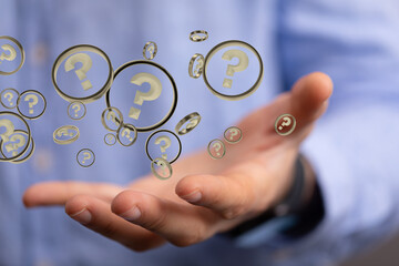 Businessman solving problem with digital question marks 3D rendering