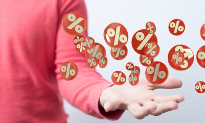 Red cubes percent falling on a white background. 3d rendering. Illustration for advertising.