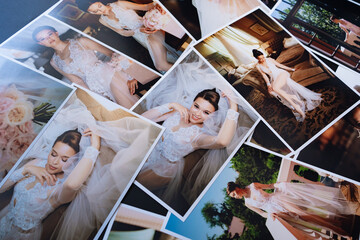 spread out wedding photos. the result of the photographer's work at the wedding.