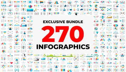 Fototapeta na wymiar Exclusive Huge Infographics Bundle. 270 presentation slide templates - timelines, ecology, education, medical, maps, puzzle, arrows and doodle. Bestsellers collection