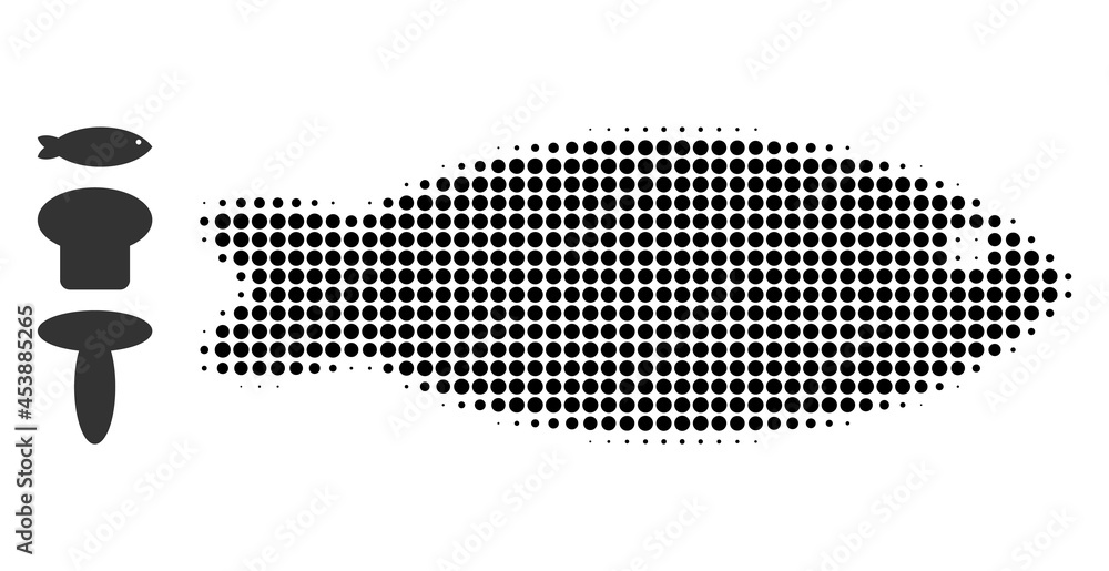 Poster halftone fish. dotted fish designed with small round points. vector illustration of fish icon on a w