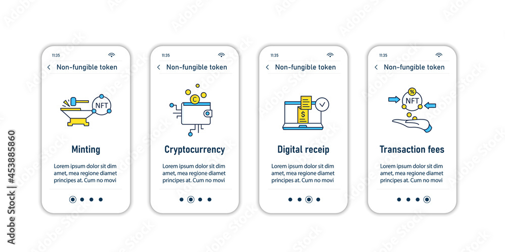 Poster nft onboarding mobile app screens. non fungible token.unique digital assets steps menu. set of ui, u