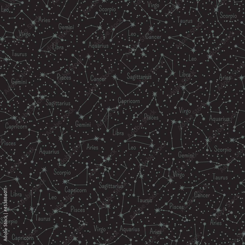 Wall mural vector zodiac constellations. celestial seamless pattern. stylized astronomical star systems with ti