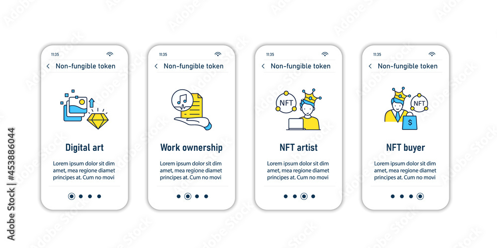 Poster nft onboarding mobile app screens. non fungible token.unique digital assets steps menu. set of ui, u