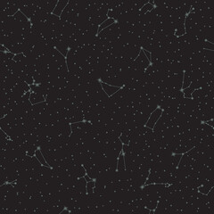 Vector zodiac constellations seamless pattern. Stylized astronomical star systems in grey color on a black background. Backdrop with astrological horoscope signs