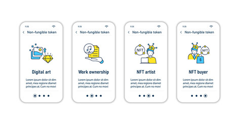 NFT onboarding mobile app screens. Non fungible token.Unique digital assets steps menu. Set of UI, UX, web template with RGB color linear icons