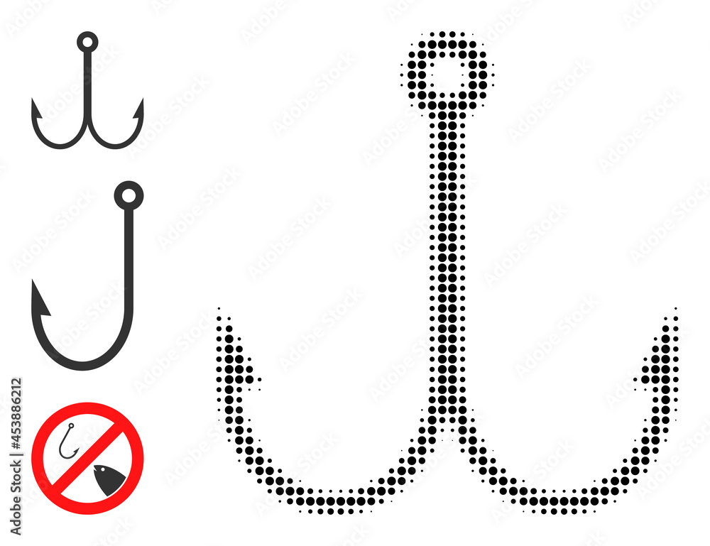 Poster halftone double fish hook. dotted double fish hook constructed with small circle points. vector illu