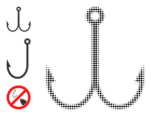 Halftone double fish hook. Dotted double fish hook constructed with small circle points. Vector illustration of double fish hook icon on a white background. Halftone pattern contains circle points.